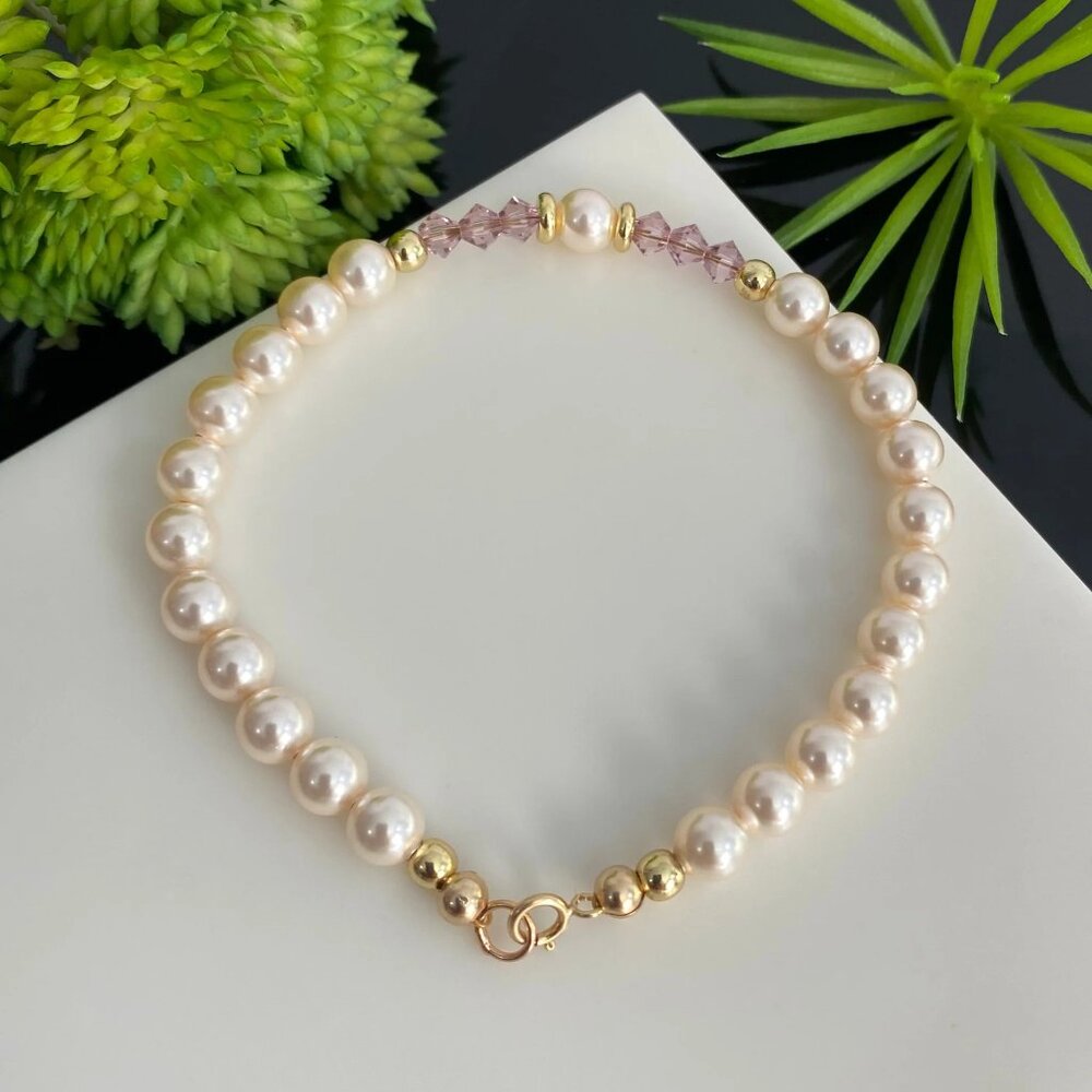 Gold Filled 6mm Swarovski Cream Pearl & 4mm Amethyst Bicone Beads Bracelet